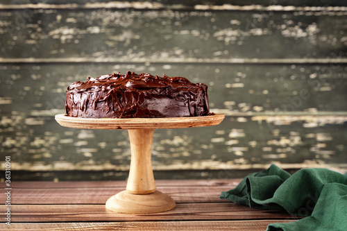 Delicious vegan chocolate cake on wooden stand against shubby green rustic background