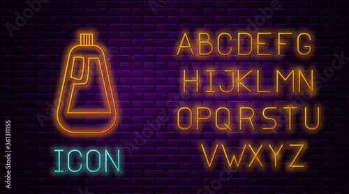 Glowing neon line Plastic bottle for liquid laundry detergent, bleach, dishwashing liquid icon isolated on brick wall background. Neon light alphabet. Vector Illustration.
