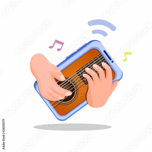 Hand playing guitar on smartphone. virtual music instrument mobile app concept illustration cartoon vector on white background