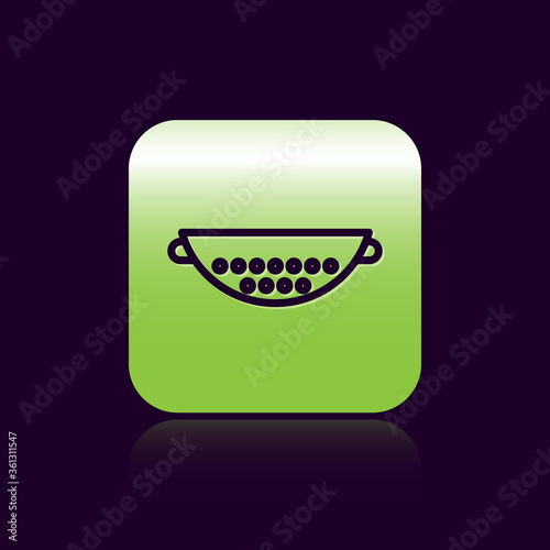 Black line Kitchen colander icon isolated on black background. Cooking utensil. Cutlery sign. Green square button. Vector Illustration.