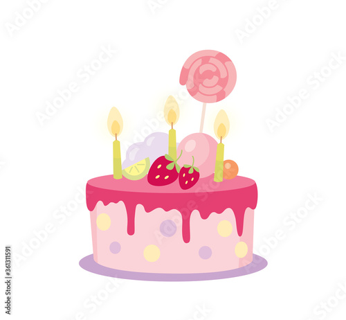 Pink babie's Birthday cake with berries, cream and candles. Vector illustration on white background.