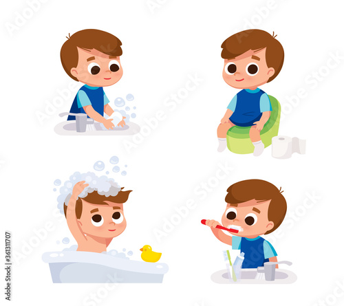 Boy doing daily hygiene routines. Boy washing his head with shampoo. Boy washing his hands with soap. Boy brushing teeth his with toothbrush.Boy sitting on potty in toilet.