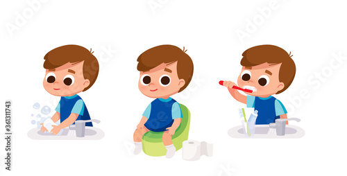 Boy doing daily hygiene routines. Boy washing his hands with soap. Boy brushing teeth his with toothbrush.Boy sitting on potty in toilet.