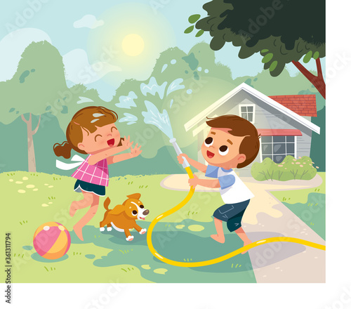 Children play outside. Children having fan. Summer camp activities with water splashing. Summer background. House with backyard.
