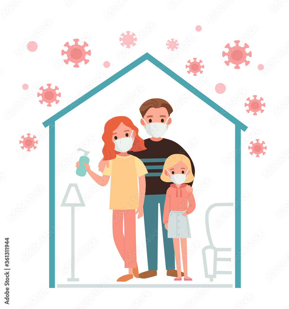 Coronavirus 2019-nCoV. Family members protect themselves from corona, disinfect with hand sanitizer, wear a medical mask. Family staying at home during Coronavirus pandemic. Coronavirus 2019-nCoV. Family members protect themselves from corona, disinfect with hand sanitizer, wear a medical mask. Family staying at home during Coronavirus pandemic.