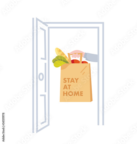 Paper bag with food. Open door with delivery package. Food delivery company. Stay at home concept.