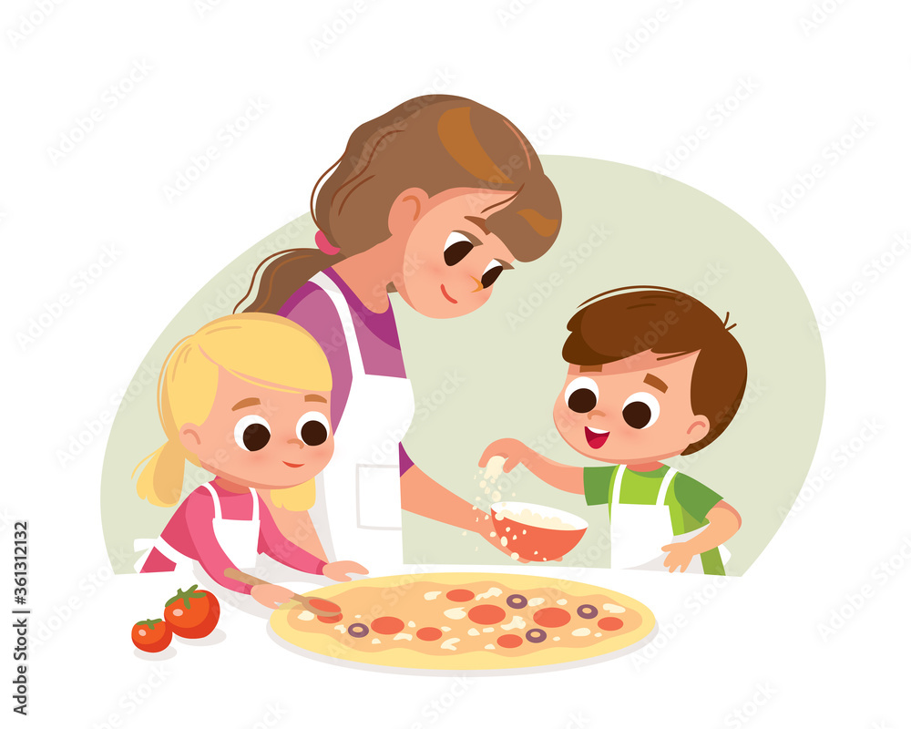 Mother with kids making pizza. Boy and girl cooking. Two kids making pizza. Boy and girl cooking. Boy salting pizza. Mother with kids making pizza. Boy and girl cooking. Two kids making pizza. Boy and girl cooking. Boy salting pizza.