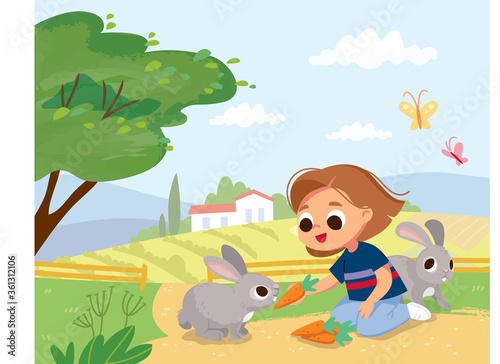 Girl feeding rabbits. Kid feed the animals at the farm. Summer background with farm building.