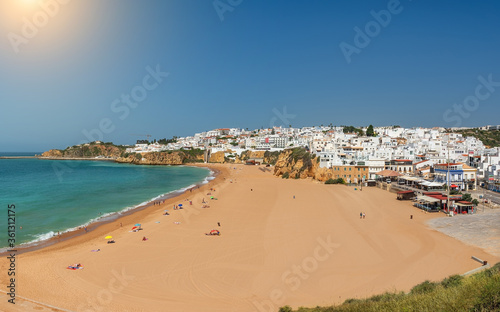Aerial panorama of Albufeira, Algarve, Portugal. Beautiful view of the sea landscape with the beach, ocean. Sunny day.