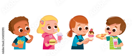 Boys and girls eating fast food. Boy eating pizza, french fries. Girl drinking soda and eating burger, cake.