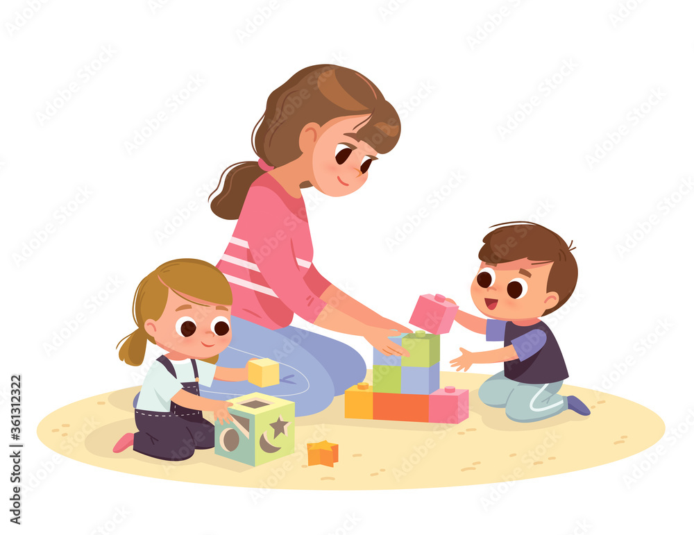 Mother playing with kids at home. Educational toys. Children playing designer cubes, developmental constructor, sorter. Mother playing with kids at home. Educational toys. Children playing designer cubes, developmental constructor, sorter.