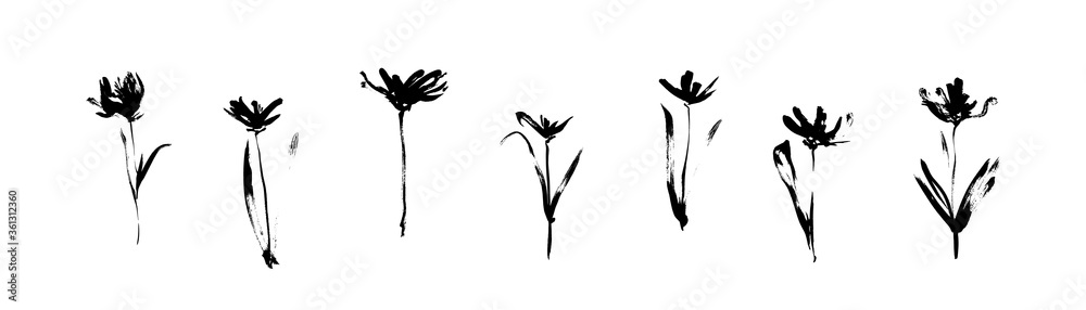 Grunge black flowers set drawn by ink. Dirty decorative vector floral collection, isolated on white background. Modern expressive brush strokes graphic art Grunge black flowers set drawn by ink. Dirty decorative vector floral collection, isolated on white background. Modern expressive brush strokes graphic art