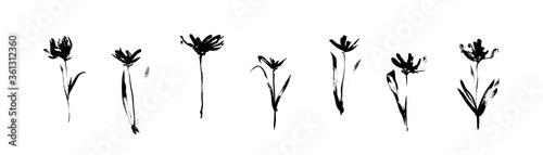Grunge black flowers set drawn by ink. Dirty decorative vector floral collection, isolated on white background. Modern expressive brush strokes graphic art