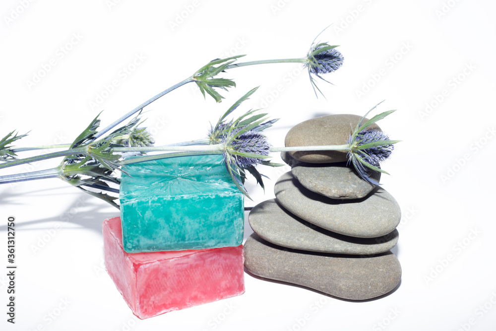 2 soaps and 5 stones and lavender twig