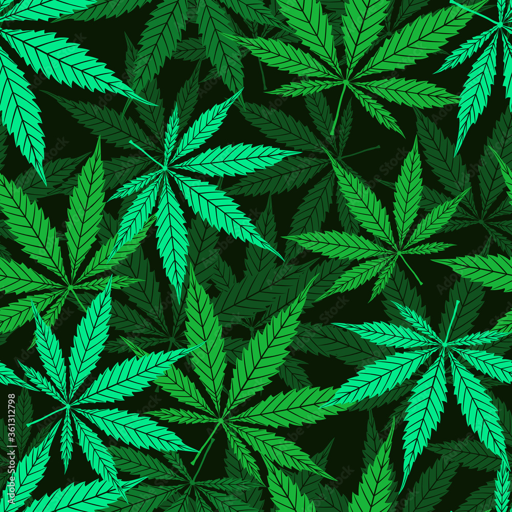 Cannabis vector seamless pattern of green leaf on black background. Cartoon  hand drawing marijuana grass or ganja plant texture. Herbal floral nature  top view design wallpaper, cover Stock Vector | Adobe Stock