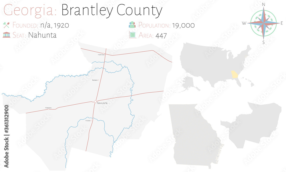 Large and detailed map of Brantley county in Georgia, USA.
