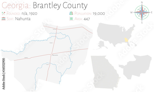 Large and detailed map of Brantley county in Georgia, USA.
