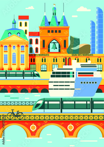 Vector illustration of city of Bordeaux with famous touristic buildings : cite du vin, grosse cloche, cruise liner on Garonne river, bridges, quay, tramway. 