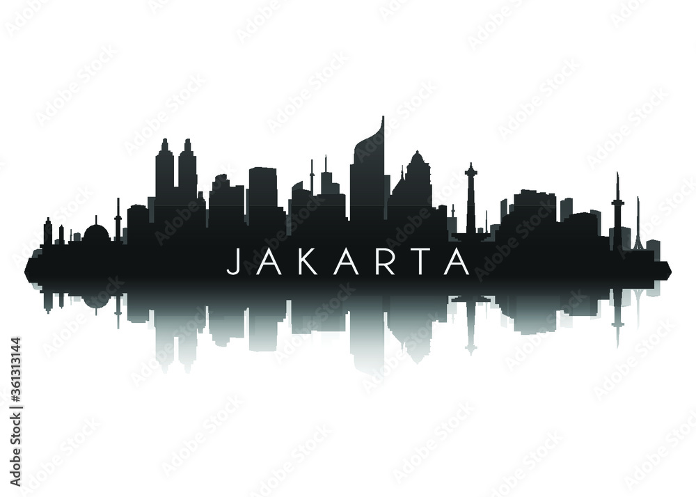 jakarta skyline silhouette in black with reflection
