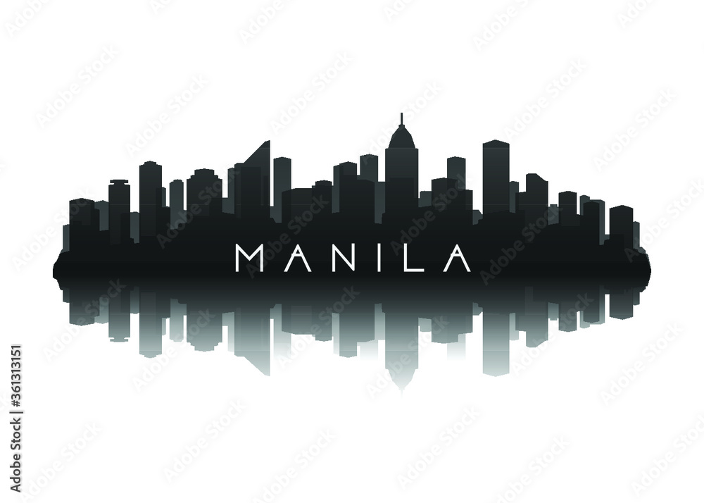 manila skyline silhouette in black with reflection