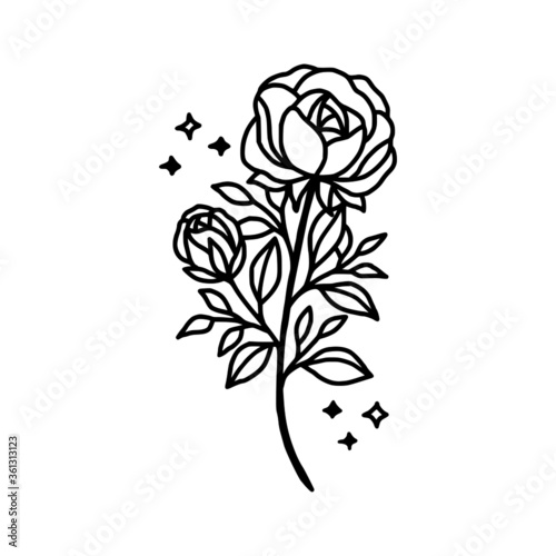 Hand drawn rose flower element. Floral line art for feminine logo, icon, business card, wedding invitation, or decoration