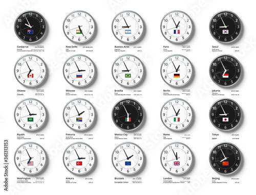 G20 Time Zones. Wall clocks with flags and time of Group of Twenty countries, UTC time compare and time zone composition realistic 3D vector illustration