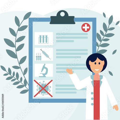 Certificate for antibodies from coronavirus, blood test, vaccination from covid 19, color vector illustration in flat style, design, decoration, banner