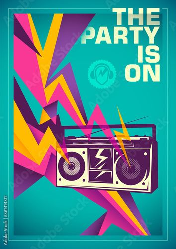 Abstract style party poster design with boombox. Vector illustration.