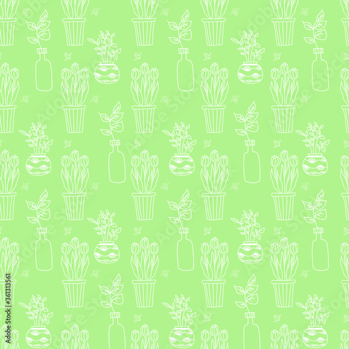 Seamless pattern with cute hand-made white drawings of house plants in pots, flowers tulips on a green background. Vector collection of doodle plants. Home, garden, interior concept.