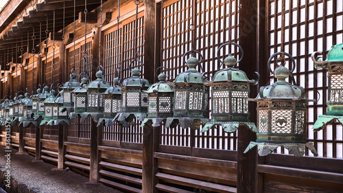 Kasuga taisha or Kasuga Grand Shrine hanging bronze lantern. Nara, Japan
