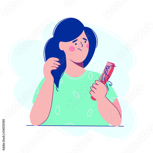 Woman is holding  comb with lock of hair, she is upset because of hair loss. Vector illustration in the flat design style.