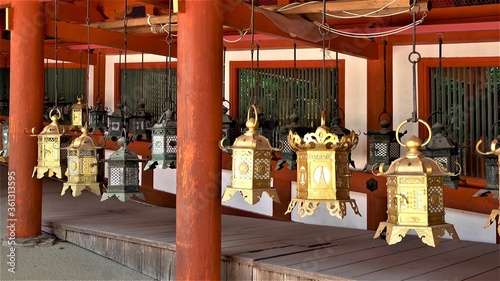 Kasuga taisha or Kasuga Grand Shrine hanging bronze lantern. Nara, Japan.
