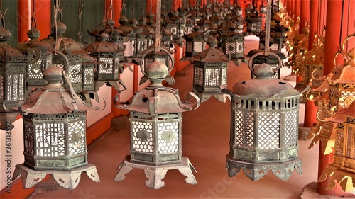 Kasuga taisha or Kasuga Grand Shrine hanging bronze lanterns. Nara, Japan
