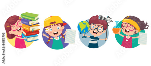 Happy Cute Cartoon School Children