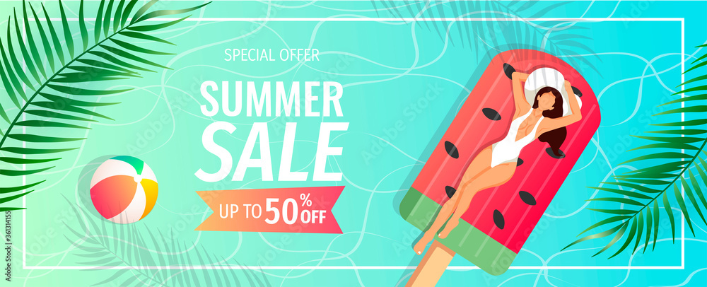 Summer sale promo banner with summer swimming woman, tropical leaves, beachball. Vector illustration for special offer, flyer, advertising, commercial, banner.