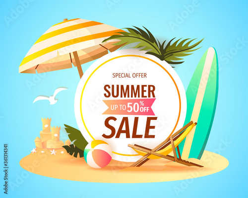 Summer sale promo banner with sunshade, chaise lounge, surfboard, brach ball, sandcastle and palm leaves. Vector illustration for special offer, flyer, advertising, commercial, banner.