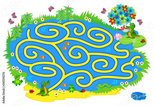 Logic puzzle game with labyrinth for children and adults. Help the little crocodile find the way in till his friend. Printable worksheet for kids brain teaser book. IQ test. Online playing.