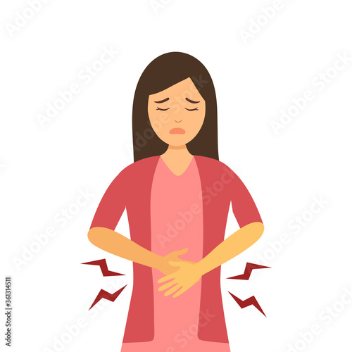 Woman feel pain in stomach concept vector illustration on white background. Diarrhea or constipation. Abdomen disease and illness. Period pain in flat design.