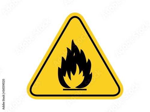 isolated flammable substance, common hazards symbols on yellow round triangle board warning sign for icon, label, logo or package industry etc. flat style vector design.