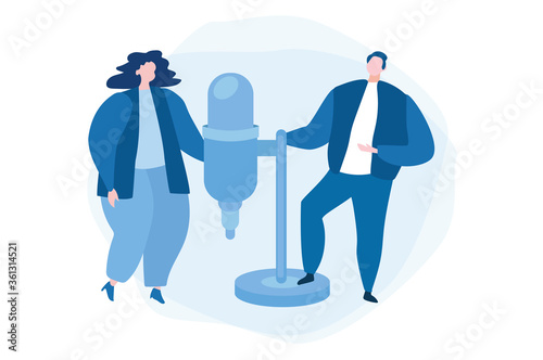 Podcast, male female character and a microphone. Vector illustration for web banner, infographics, mobile. 