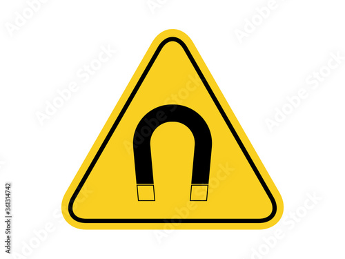 isolated  strong magnetic field, common hazards symbols on yellow round triangle board warning sign for icon, label, logo or package industry etc. flat vector design.