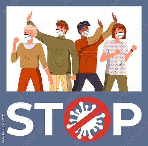 Group of multinational people wearing face medical masks protesting against world epidemic. Banner with cartoon characters in blue flat style. Stop gesture, crossed out sign with virus inside