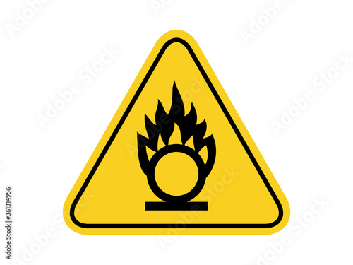 isolated oxidizing agent, common hazards symbols on yellow round triangle board warning sign for icon, label, logo or package industry etc. flat paperwork style vector design. 