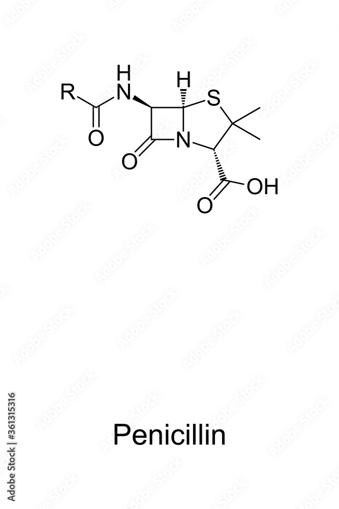 Penicillin, chemical core structure and skeletal formula of PCN or pen, a group of antibiotics. R in the formula is the variable group. Medications against bacterial infections. Illustration. Vector. - obrazy, fototapety, plakaty 