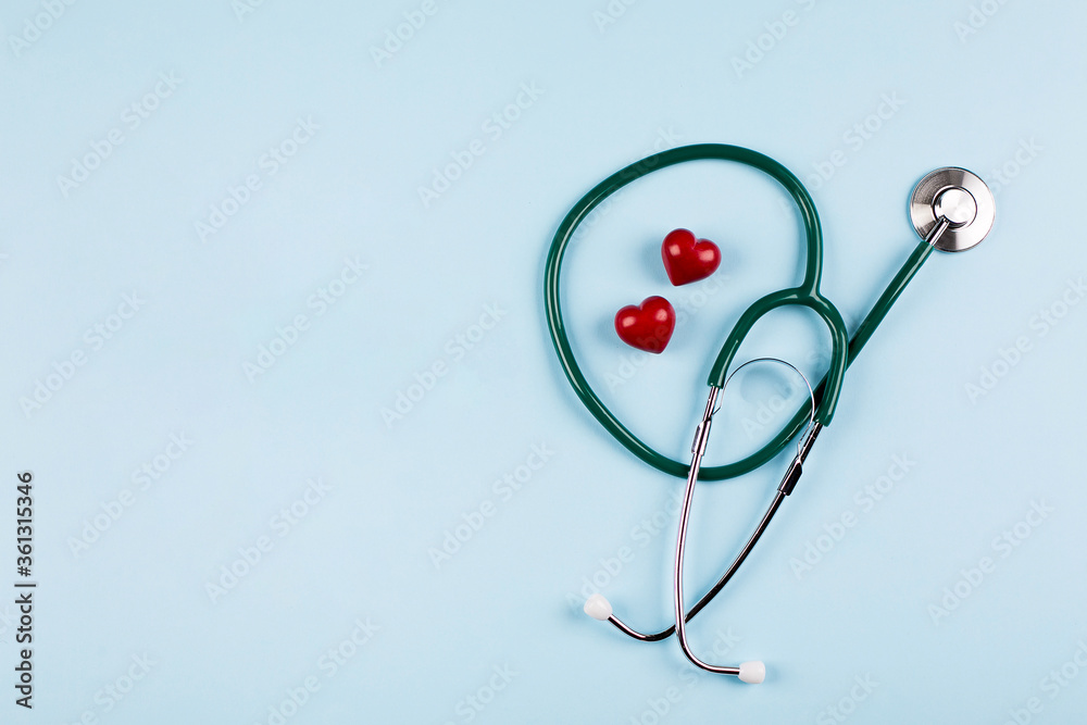 National Nurse Day Holiday Background. Medical stethoscope, two red hearts. - obrazy, fototapety, plakaty 