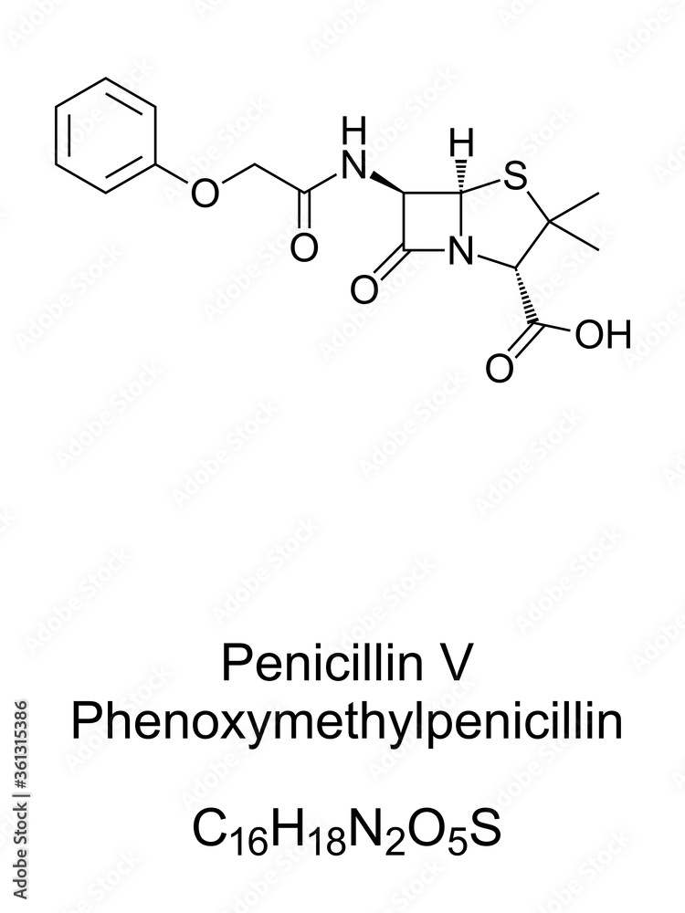 Fototapeta premium Phenoxymethylpenicillin, chemical structure and skeletal formula of penicillin V, PcV or penicillin VK. Antibiotic used to treat a number of bacterial infections, given by mouth. Illustration. Vector.