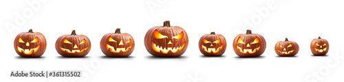 Obraz na płótnie A group of eight lit spooky halloween pumpkins, Jack O Lantern with evil face and eyes isolated against a white background. w salonie