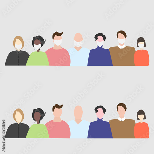 People in medical masks, Concept before the pandemic and after, different people in masks vector,