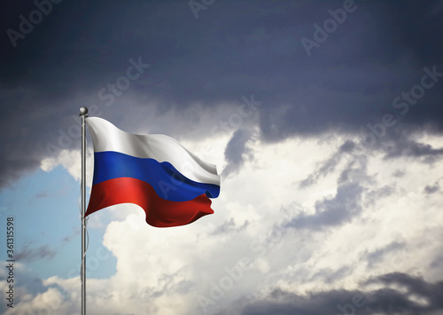 Flag of Russia on a stick, gloomy clouds in the background, 3D illustration