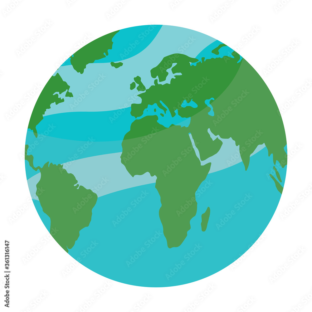 Vector cartoon illustration of planet Earth. Icon for website or app. Map of the world isolated at white background. Globe detailed by oceans, continents in blue and green colors. Concept of world